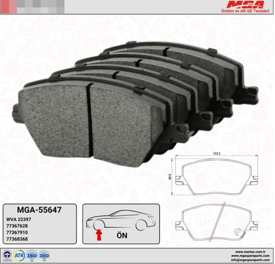 Fiat Egea Ön Fren Balatası ( Küçük Tİp 133MM ) 55647 / 77367910 / 77368368 / 77367628
