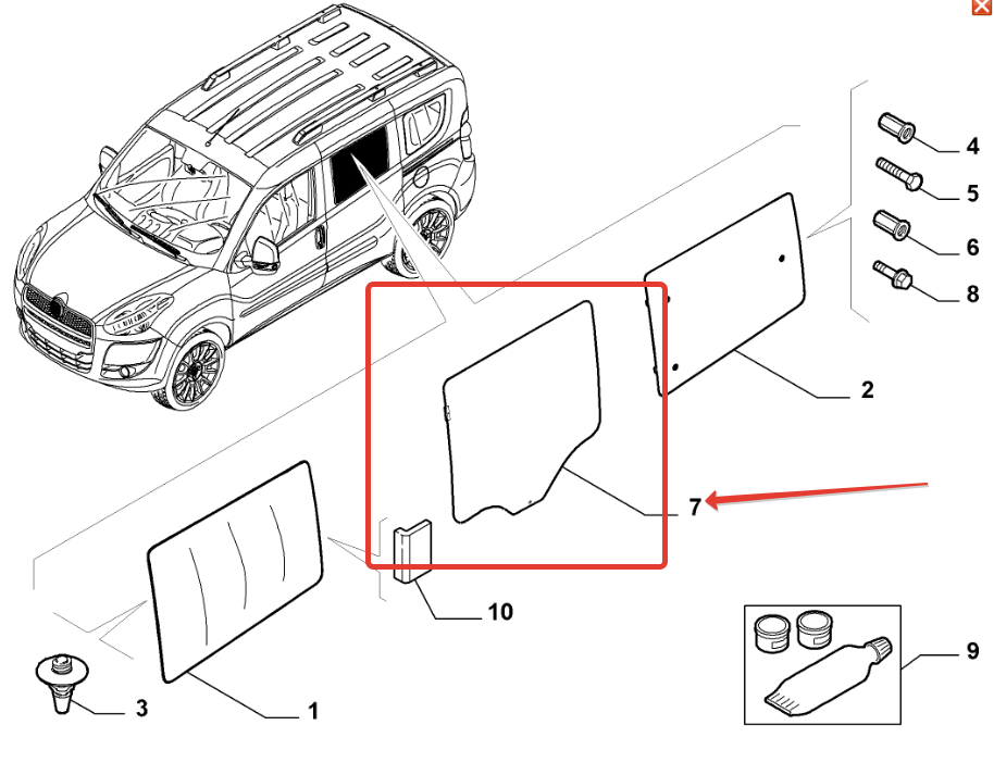 Doblo Sürgülü Kapı Camı Sağ 2009> ( Koyu Renk ) 51929807