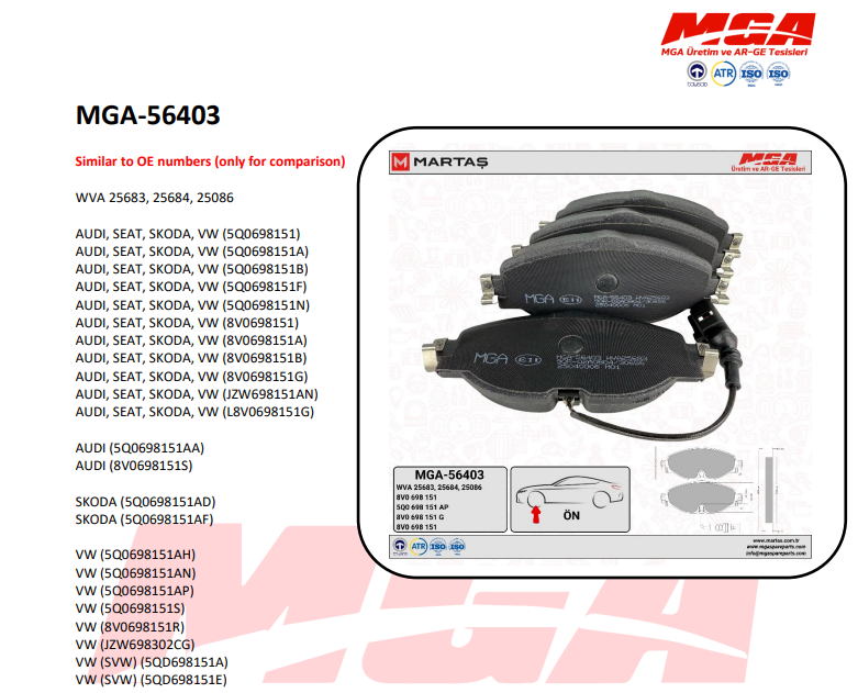 MGA 56403 Golf 7 Ön Fren Balatası 8V0698151