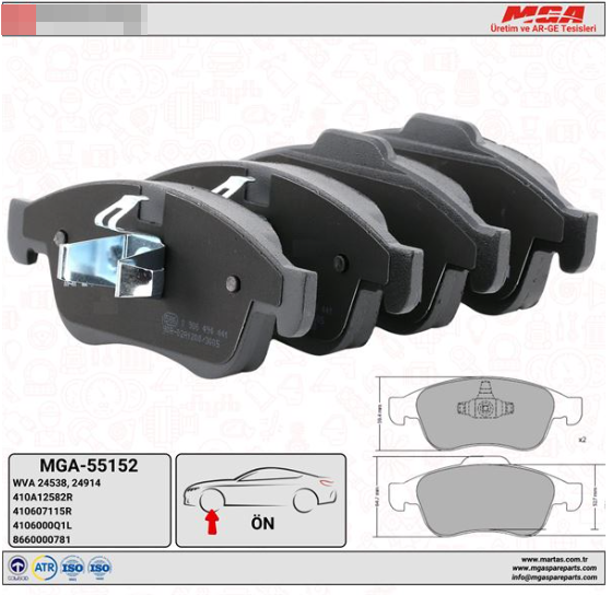 Ön Fren Balatası Renault Megane III Fluence  Captur Dacia Duster MGA 55152
